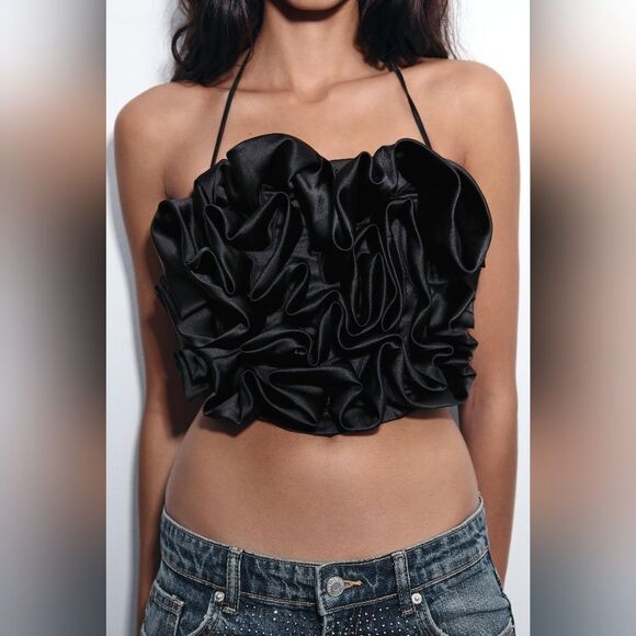 NWT ZARA Textured FloralβSatin Effect Cropped Top Black - Picture 8 of 10